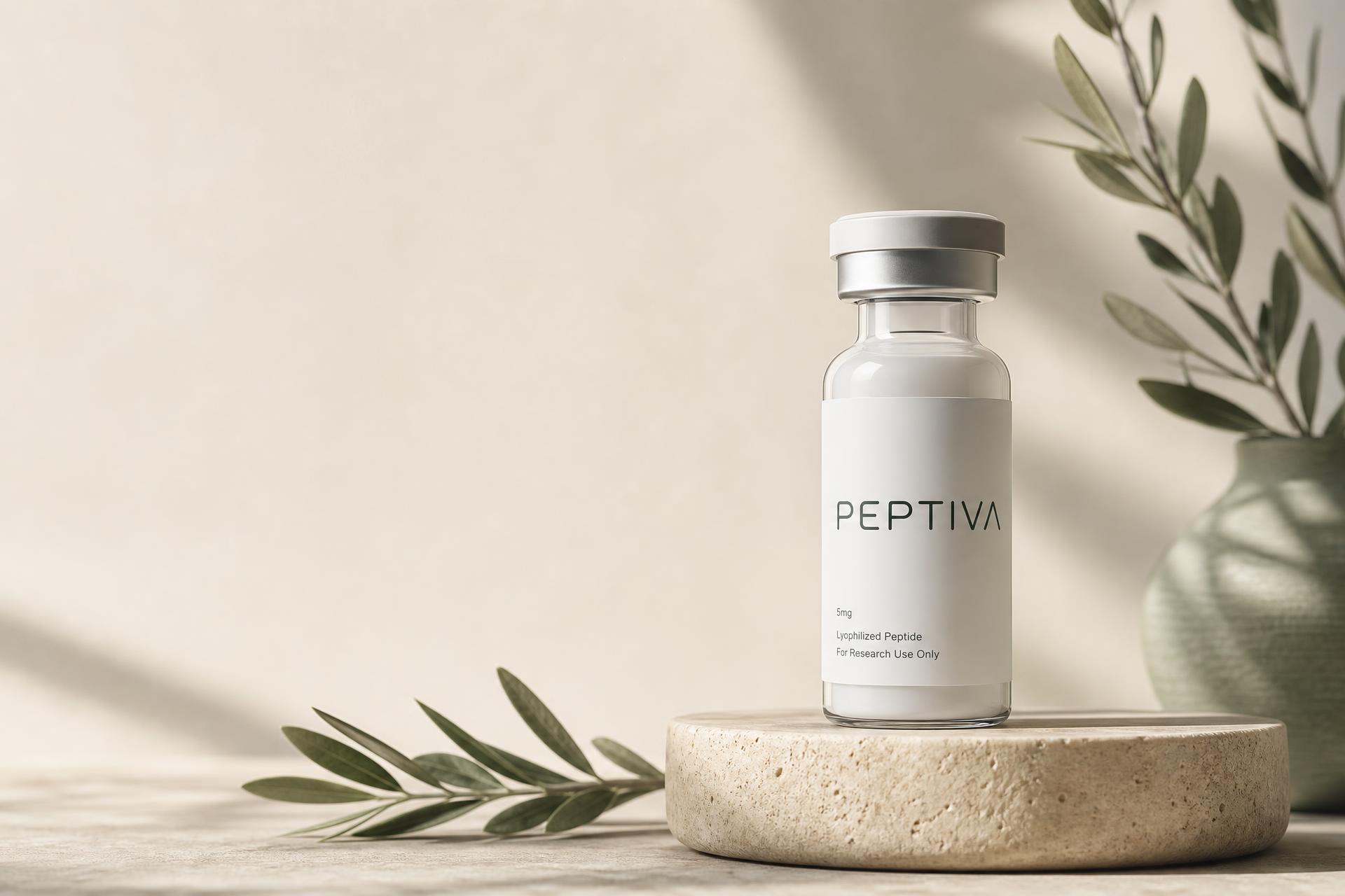 Флакон Peptiva на каменной подставке в тёплом бежевом свете